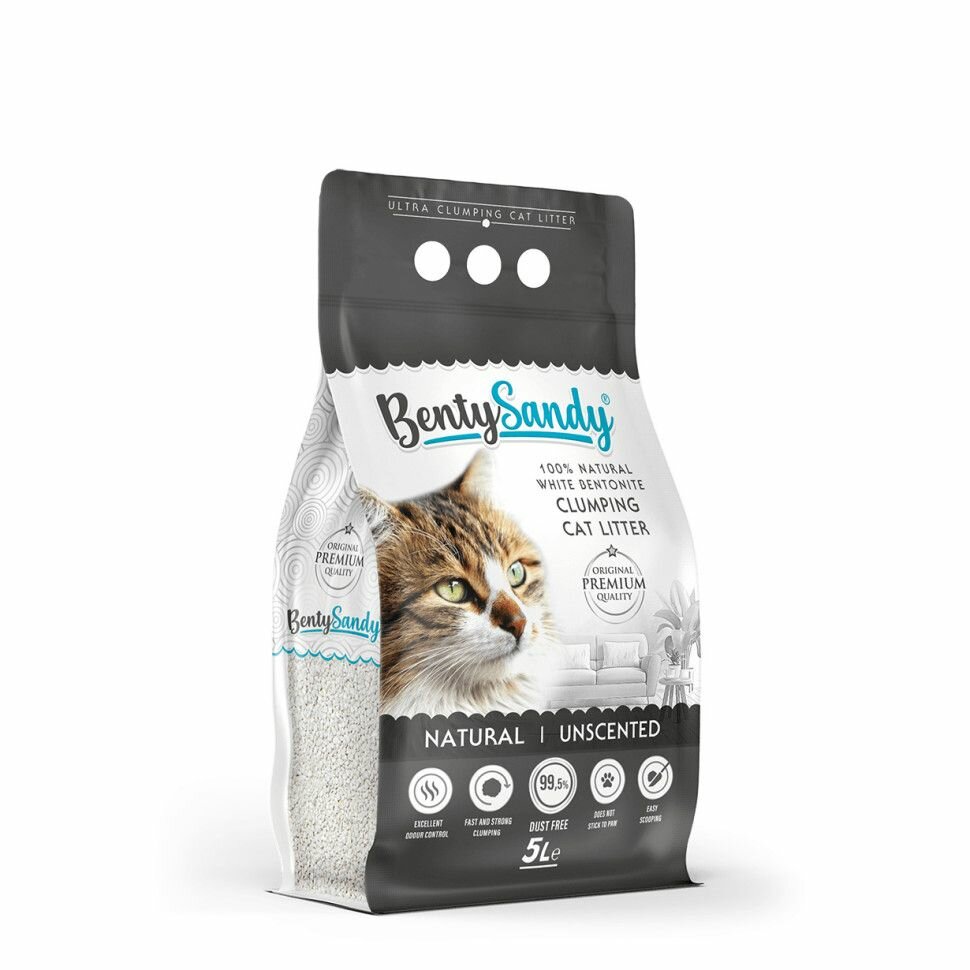 BentySandy Natural наполнитель для кошачьего туалета комкующийся, глиняный, без ароматизатора - 5л (4,35кг)