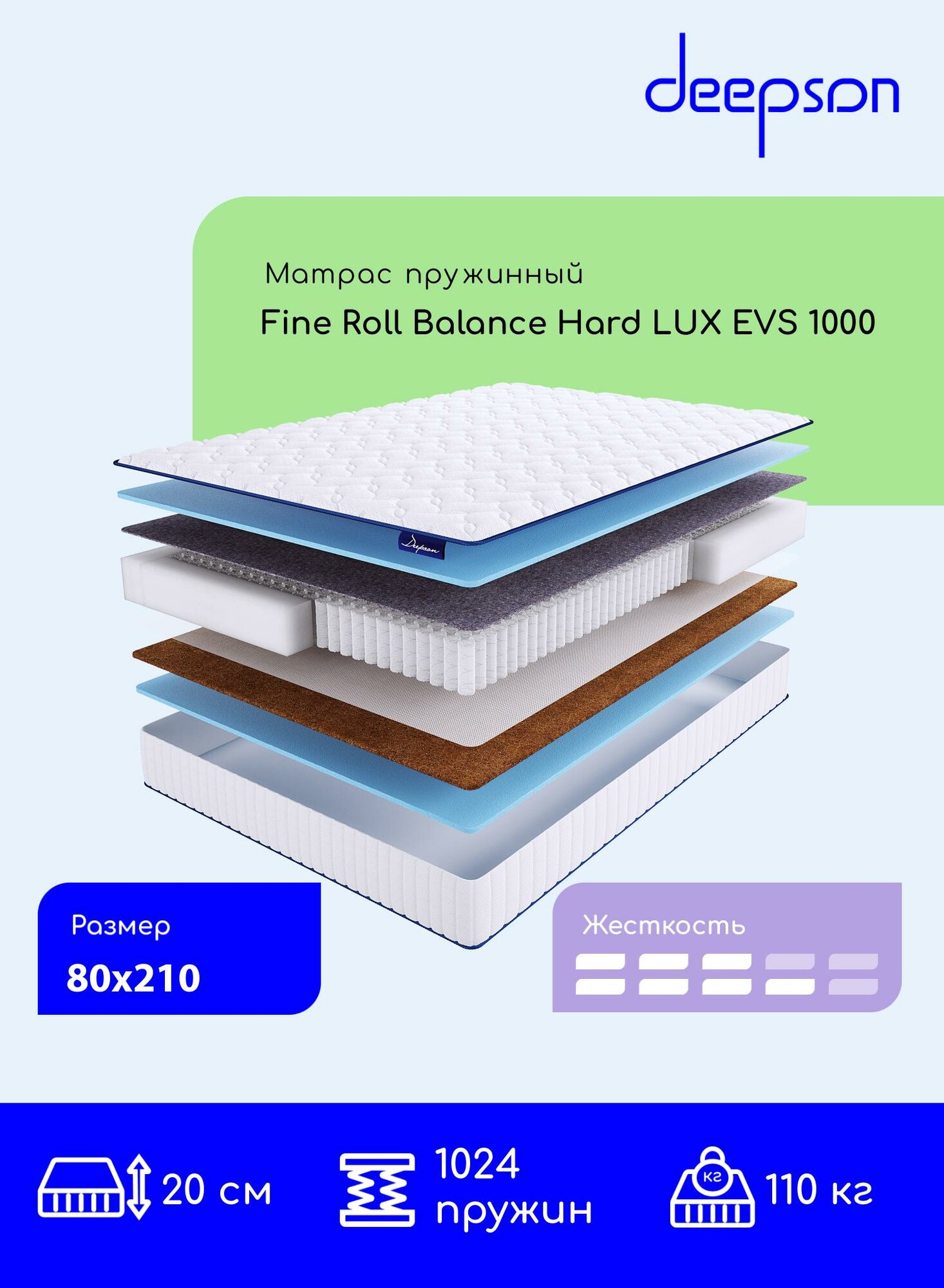 Матрас, Ортопедический матрас, Deepson Fine Roll Balance Hard LUX EVS 1000 средней и выше среденй жесткости, Детский, Беспружинный, На кровать 80x210