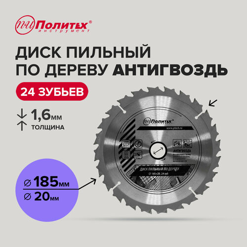 Диск пильный по дереву Антигвоздь 185 мм 24 зубьев Политех Инструмент 389₽