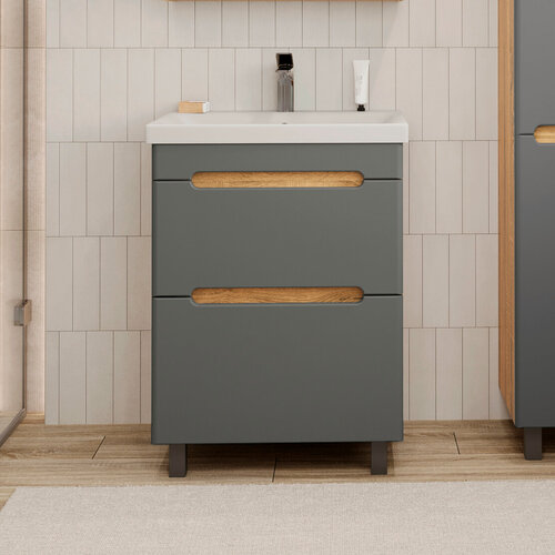 Изображение товара Тумба напольная SanStar Diva 50 с раковиной Moduo 50 (комплект) для ванной комнаты Дуб вотан, графит софт