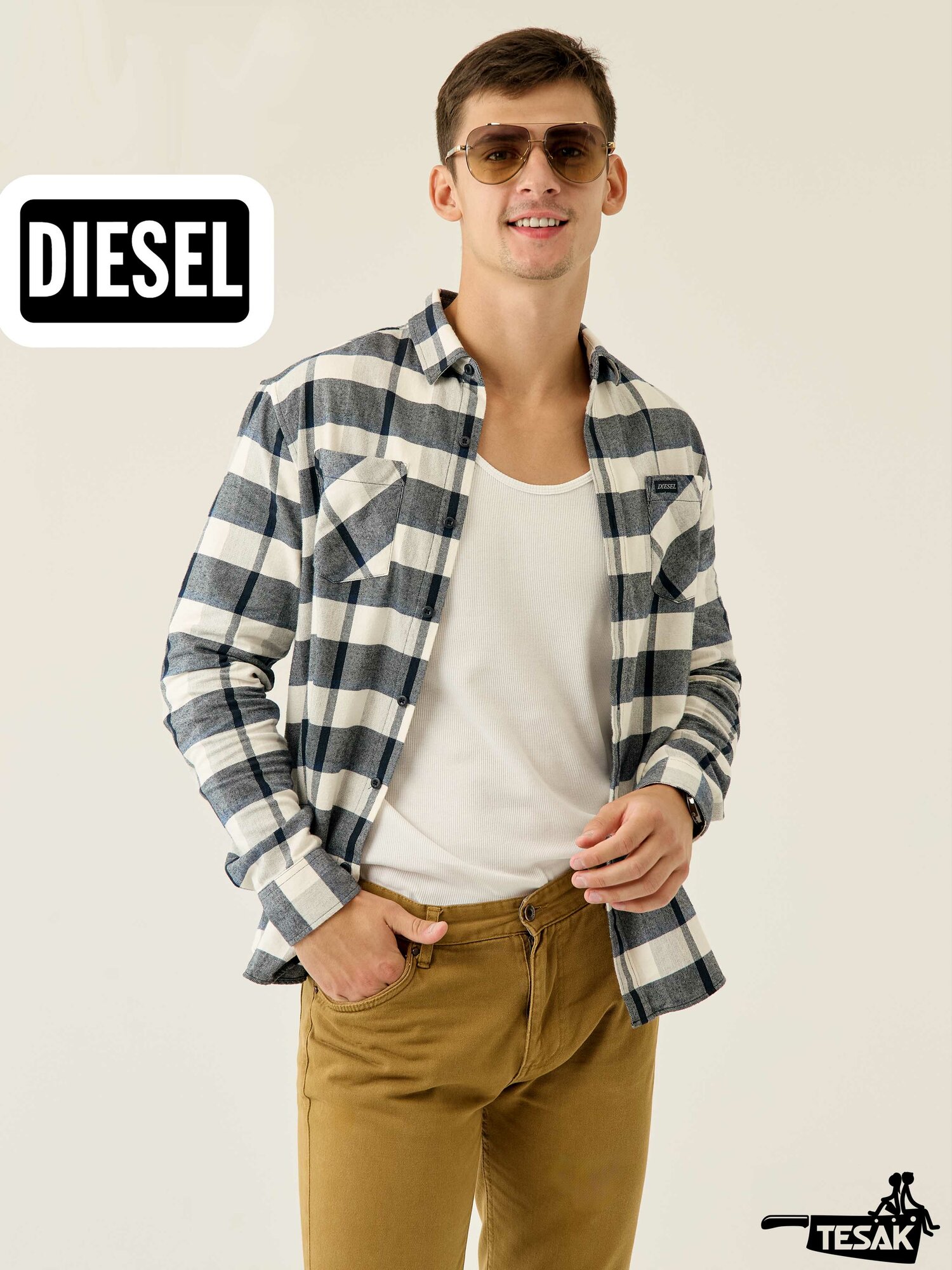 Рубашка DIESEL в клетку с длинным рукавом, размер XL, графит