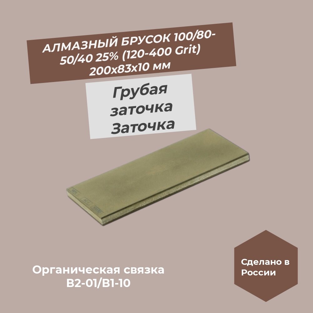 Алмазный брусок 200х83х10 мм 100/80-50/40 (120/400 Grit) 25%