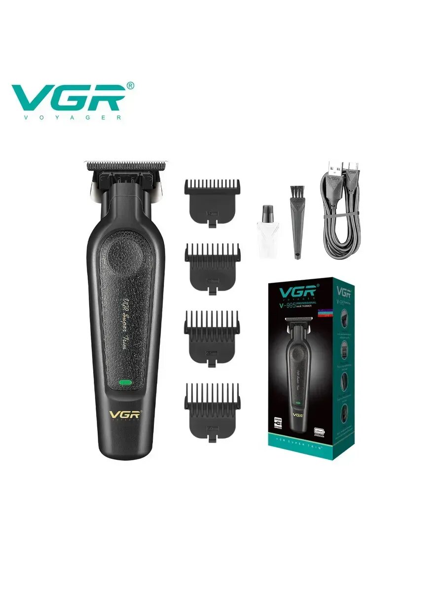 Профессиональная машинка для стрижки волос и бороды VGR V-995 — беспроводной триммер с 4 насадками, USB зарядка, черный — фото 1