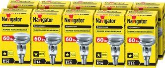 Лампа накаливания Navigator 94 320, 60 Вт, рефлектор R50, цоколь Е14, упаковка 10 шт