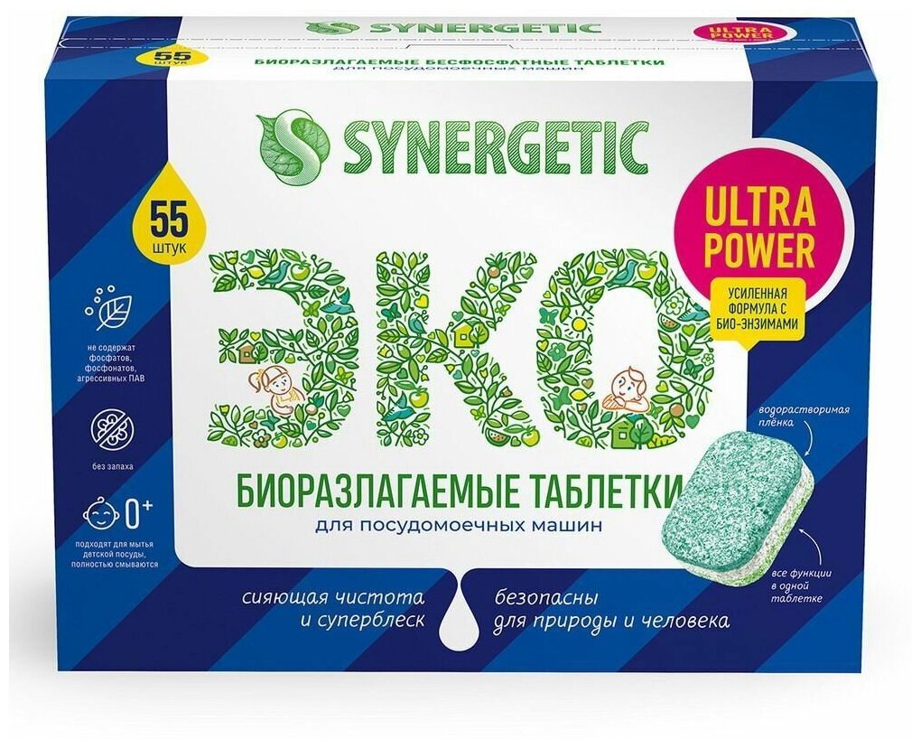 Таблетки для посудомоечных машин SYNERGETIC ULTRA POWER 55 шт, без запаха, бесфосфатные, биоразлагаемые, усиленная формула с био-энзимами - фотография № 2