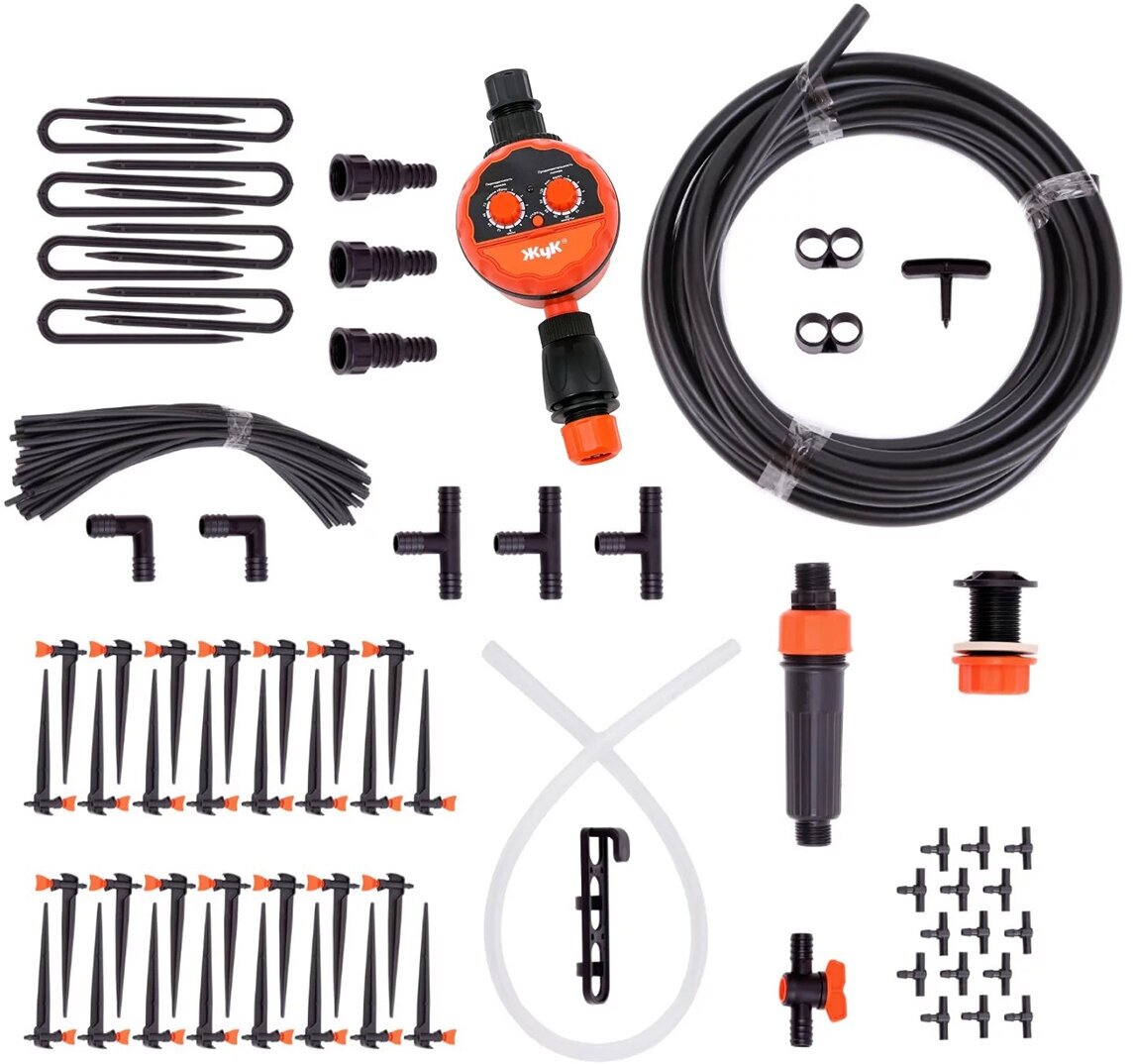 Комплект для капельного полива Жук, от емкости, регулируемые капельницы, с таймером, 60 растений
