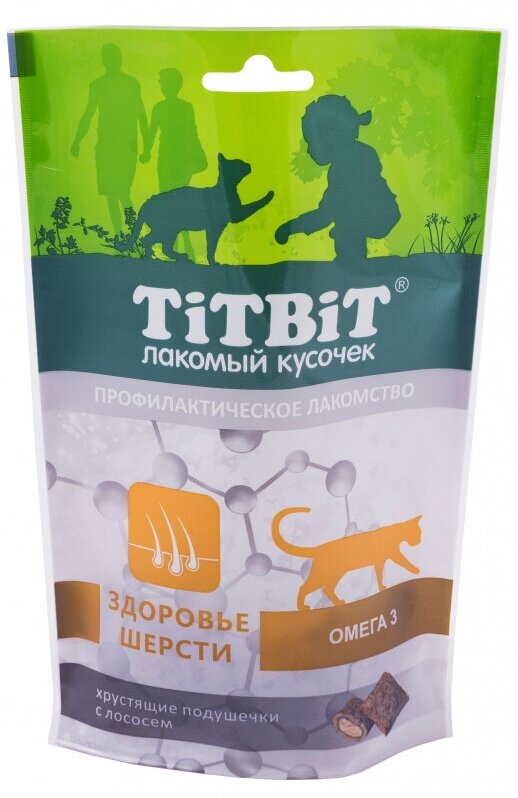 TiTBiT 3шт х 60г хрустящие подушечки для кошек с лососем для здоровья шерсти - фотография № 2