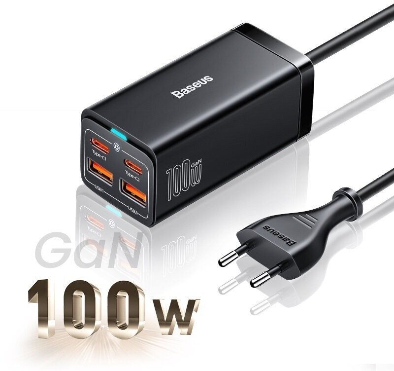 Сетевое зарядное устройство Baseus GaN3 Pro Desktop Fast Charger, 2C+2USB, 100W EU + Cable Type-C to Type-C 100W 1м, Черный