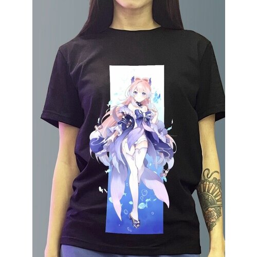 фото Футболка женская черная из хлопка с dtf рисунком игра genshin impact - 955 будь на стиле