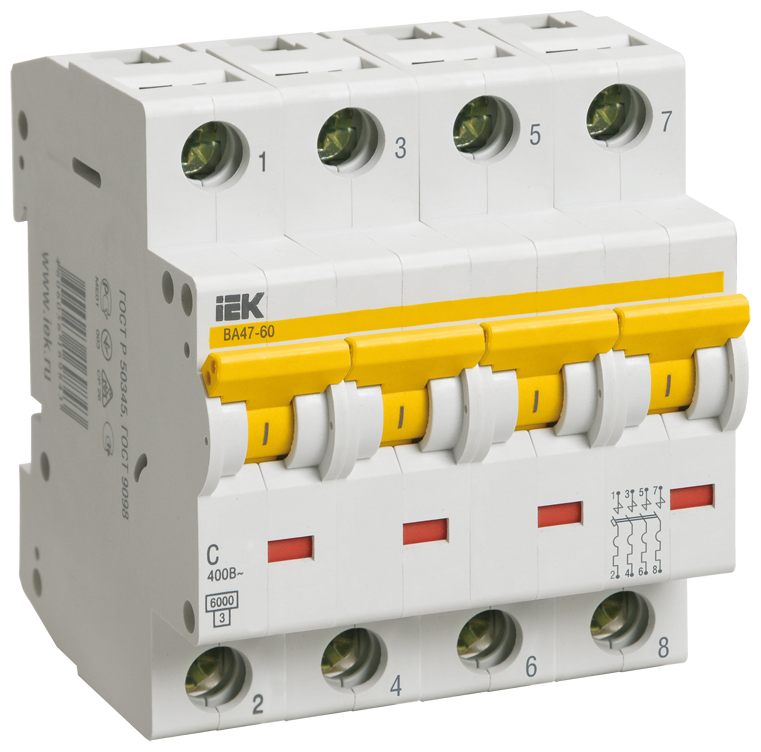Автоматический выключатель IEK ВА 47-60, 4Р, 32А, 6 кА, характеристика С MVA41-4-032-C