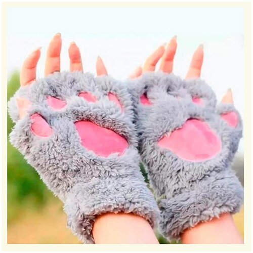 Митенки LOVEROME, размер 18.5Х12, серый неко перчатки большие лапки кошки аниме