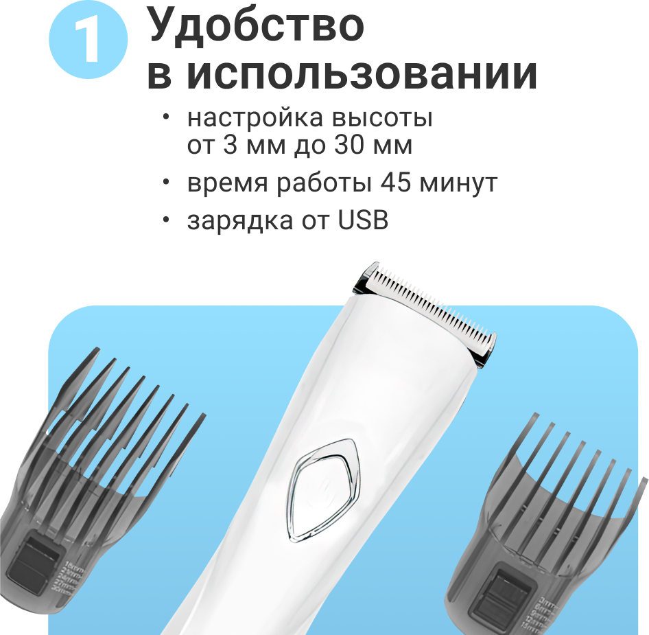 Машинка для стрижки животных ZooWell Care White влагоустойчивая IPX6 беспроводная с 2 насадками для собак, кошек, хорьков - фотография № 3