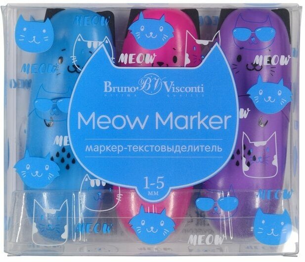 Набор текстовыделителей Meow Marker, 3 штуки, неон фиолетовый, розовый, голубой Bruno Visconti - фото №1