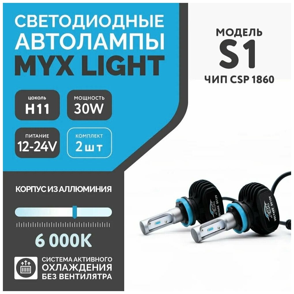 Светодиодные автомобильные лампы , цоколь H11 с напряжением 12/24V MYX Light S1, мощность 36W, чип CSP 1860, температура цвета 6000K, цена за 2шт.