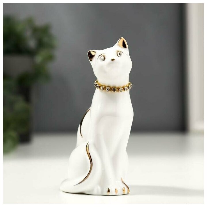 Сувенир керамика "Белая кошечка с ожерельем" с золотом стразы 95 см