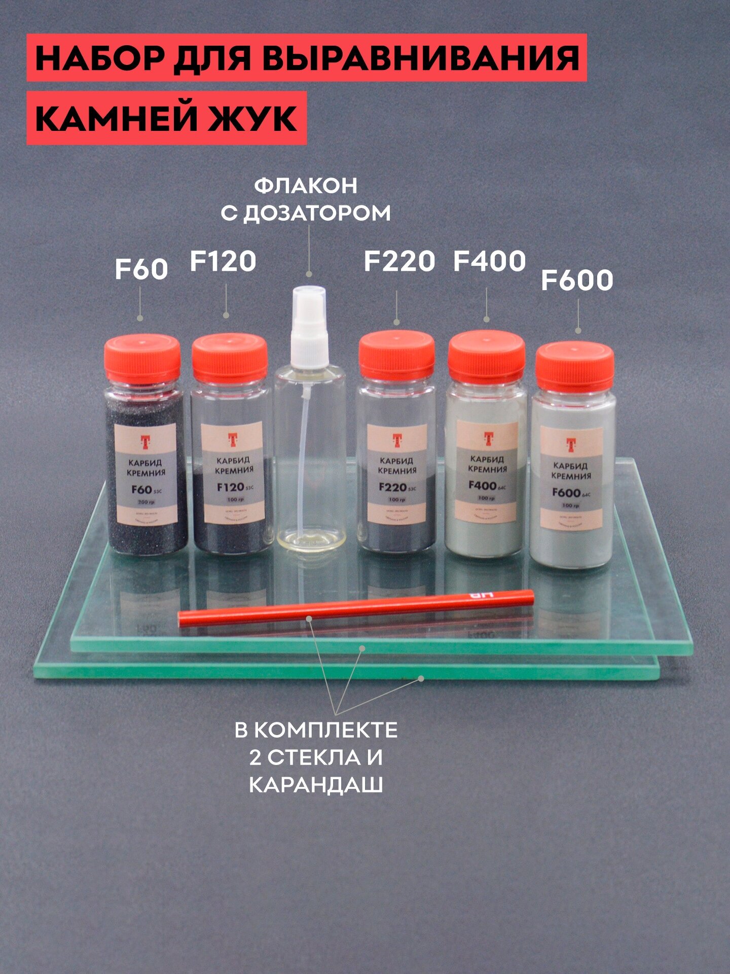 Набор ЖУК для выравнивания камней, брусков для заточки / порошок карбида кремния 5 шт. / F60, F120, F220, F400, F600 / стекло 8 мм 2 шт. / флакон с распылителем, карандаш - фотография № 3
