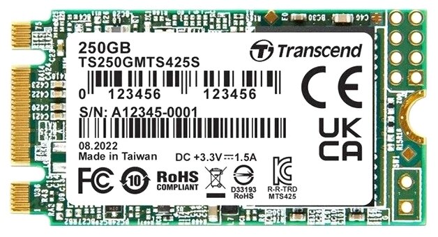 Накопитель SSD M.2 2242 Transcend TS250GMTS425S 425S 250GB SATA 6Gb/s 3D TLC 500/330MB/s IOPS 40K/75K TBW 90 DWPD 0.3