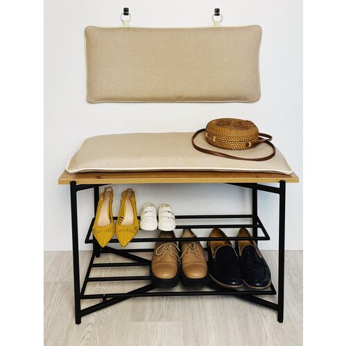 Обувница со спинкой в прихожую с сиденьем металлическая узкая Светло- бежевая на черном