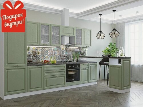 Изображение товара Готовый кухонный гарнитур кухня 3,3 метра Ницца-02 со столешницей 2140*3300*600 Дуб оливковый