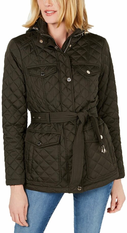 Куртка MICHAEL KORS L зеленая стеганая в ромб на молнии с поясом Womens Green Belted Quilted Jacket