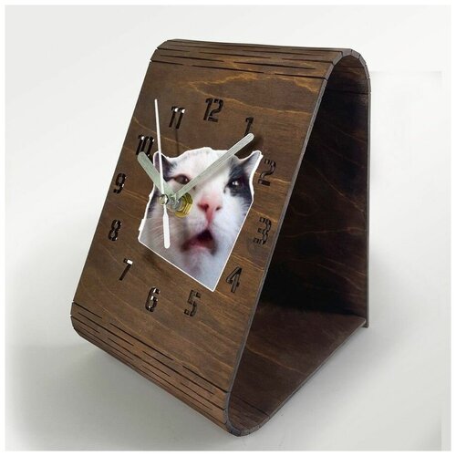 Настольные часы из дерева, цвет венге, яркий рисунок мемы коты - 55