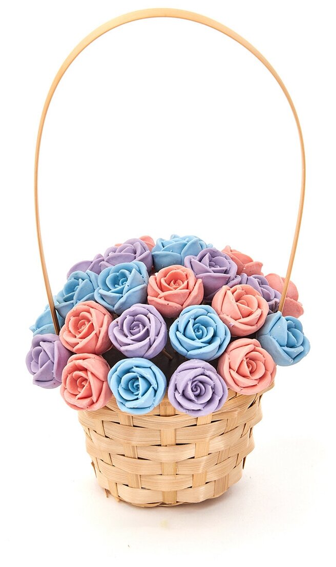 Корзинка из 27 шоколадных съедобных сладких роз CHOCO STORY - Голубой, Розовый и Фиолетовый микс из Бельгийского шоколада, 324 гр. K27-GRF - фотография № 1
