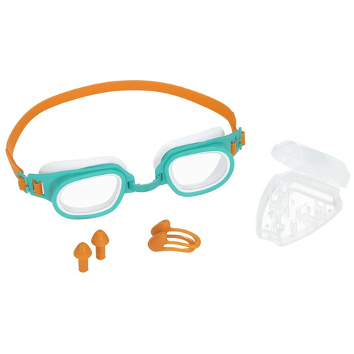 Комплект: Очки для плавания Bestway 26034 беруши + зажим для носа, 7+ бирюзовый/оранжевый.