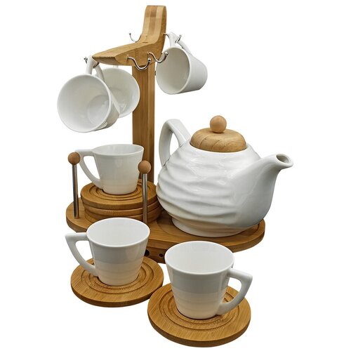 Чайный набор на деревянной подставке, 14 предметов, цвет белый, MARMA MM-SET-97