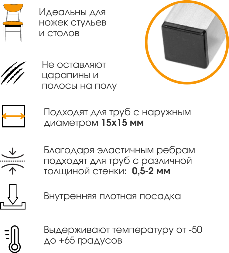 Заглушка декоративная 15х15 мм для профильной трубы мебельная на ножку стула 4 шт. - фотография № 8