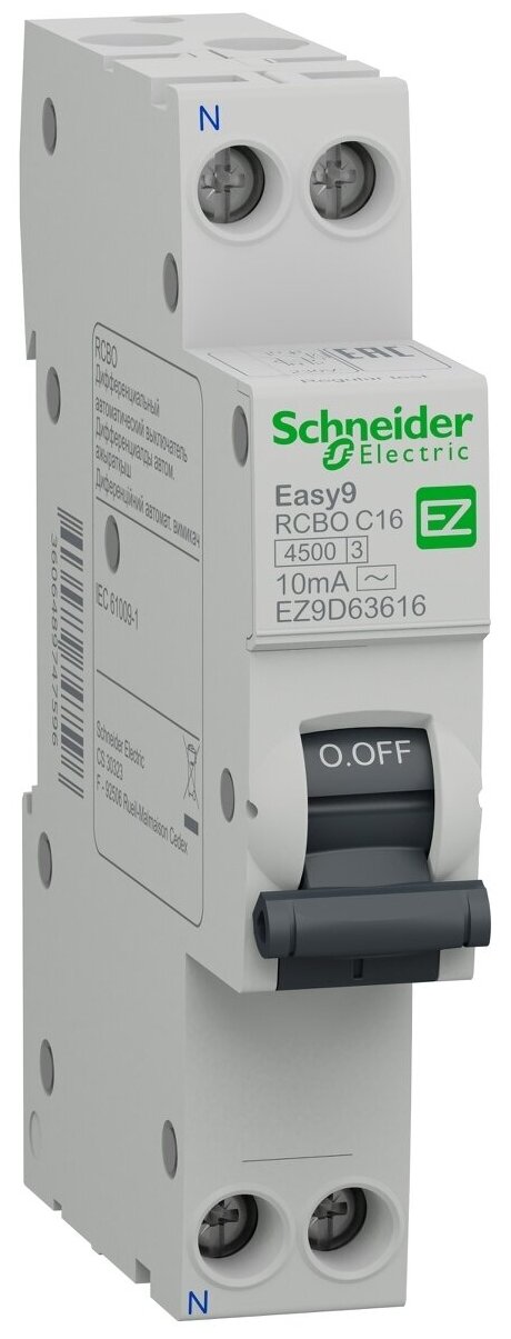 Дифференциальный автомат 2П 16А 10мА Schneider Electric EASY9 характеристика С тип АС 1П+N EZ9D63616,18 мм