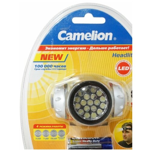 фонарь ручной camelion led5135 светодиодный 1 led на батарейках aa алюминий 3 режима Фонарь налобный, аккумуляторный, светодиодный для рыбалки и охоты C-5313 19 LED SILVER 4см головной (4 режима) с батарейками 3*ААА 4,5V CAMELION