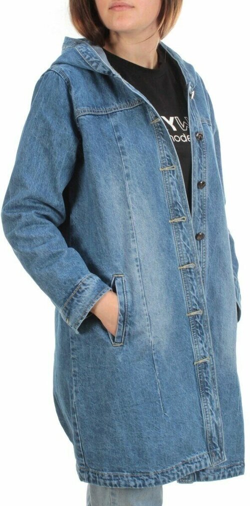 Джинсовая куртка , демисезон/лето, удлиненная, оверсайз, капюшон, карманы, размер 7XL, синий