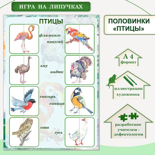 Развивающее пособие «Птицы»: половинки на липучках. развивающее пособие животные леса на липучках цветные тени