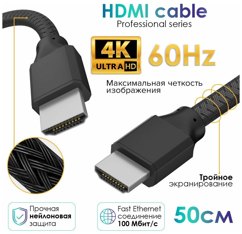 Кабель 0.5m HDMI 2.0, BICOLOR черно-зеленый нейлон, Ultra HD, 4K 60 fps 60Hz/5K*30Hz, 3D, AUDIO, 18.0 Гбит/с, 28AWG