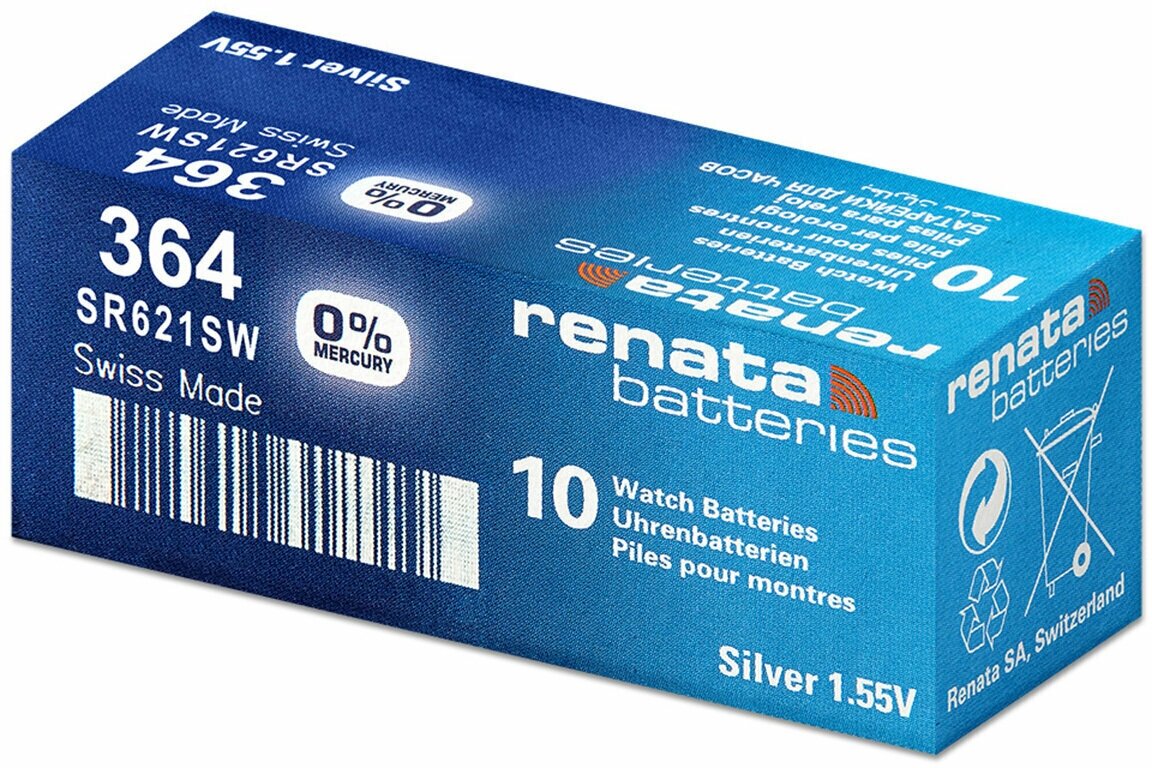 Элемент питания RENATA SR621SW 364 (0%Hg), 10шт