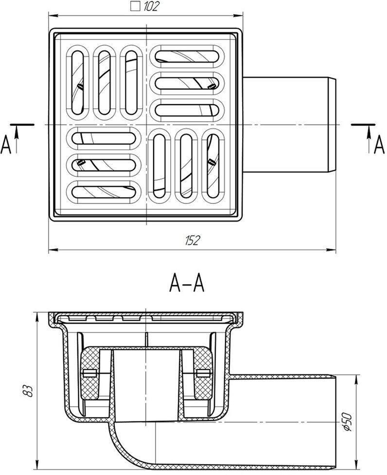 Трап горизонтальный Ани пласт (TQ5102) с сухим затвором 100х100 мм d50 мм решетка из нержавеющей стали