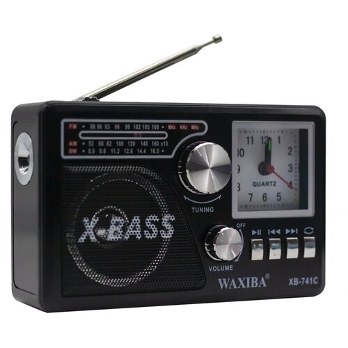 Радиоприемник с кварцевыми часами и фонарем WAXIBA XB-741C black 1210₽