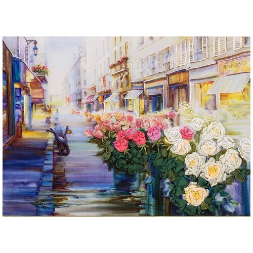 PANNA Набор для вышивания лентами и нитками Живая картина Цветы Парижа (JK-2021), разноцветный, 24.5 х 17.5 см