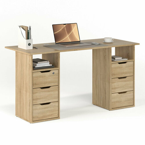 Двухтумбовый письменный стол с шестью ящиками 146х60 см МагМебель №73 дуб сонома