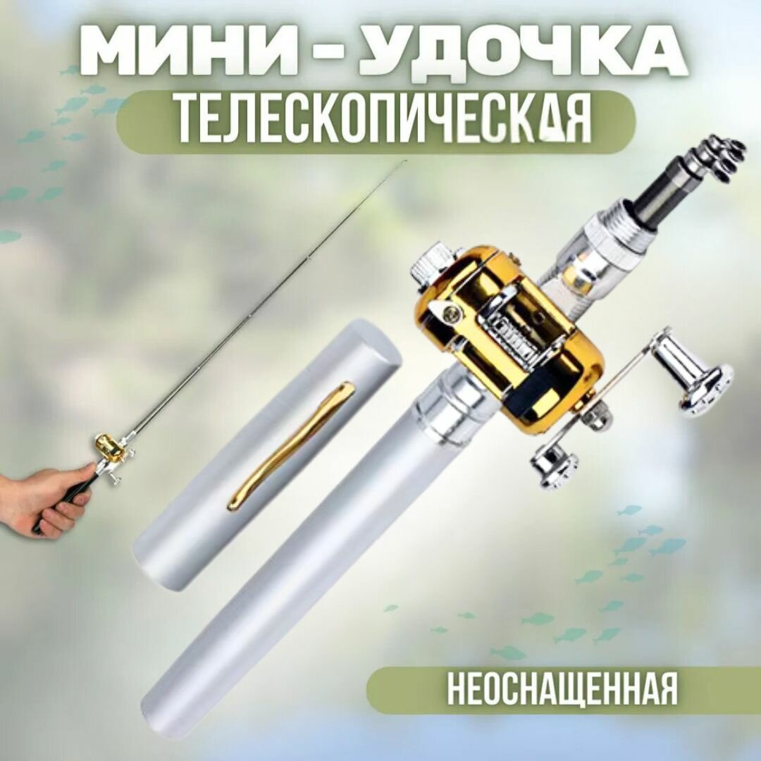 Удочка складная с катушкой / Портативная карманная удочка неоснащенная мини-удочка в форме ручки светло-серый