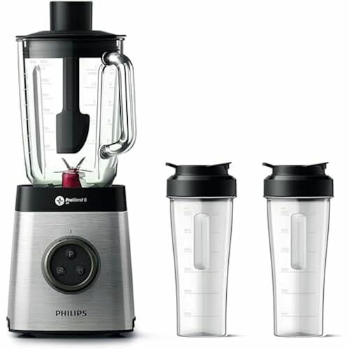Блендер Philips HR3655/00 (1400 Вт, технология ProBlend 6 3D, стеклянный контейнер 2 литра, 2 чашки для питья, можно мыть в посудомоечной машине), нержавеющая сталь — фото 1