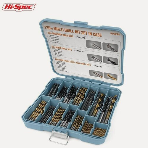 Изображение товара Набор сверл универсальный с титановым покрытием по дереву, бетону, пластику и металлу, 130 сверл