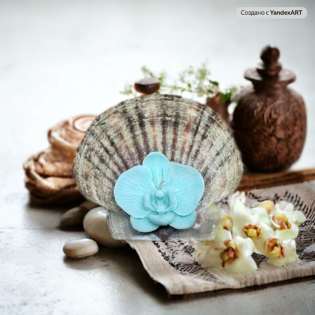 Свеча ручной работы "В сердце моря" голубая орхтдея на раковине гребешок