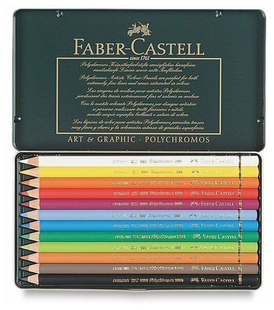 Карандаши цветные Faber-Castell Polychromos набор цветов в металлической коробке 12 шт. - фото №2