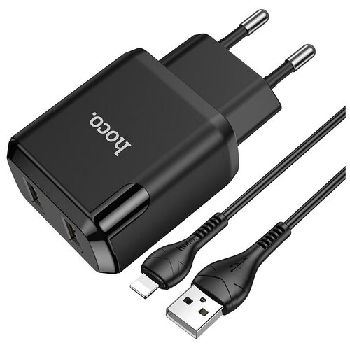 Сетевое зарядное устройство (СЗУ) Hoco N7 Speedy (2 USB) + кабель Lightning, 2.1 А, черный сетевое зарядное устройство сзу hoco n7 speedy 2 usb кабель lightning 2 1 а черный