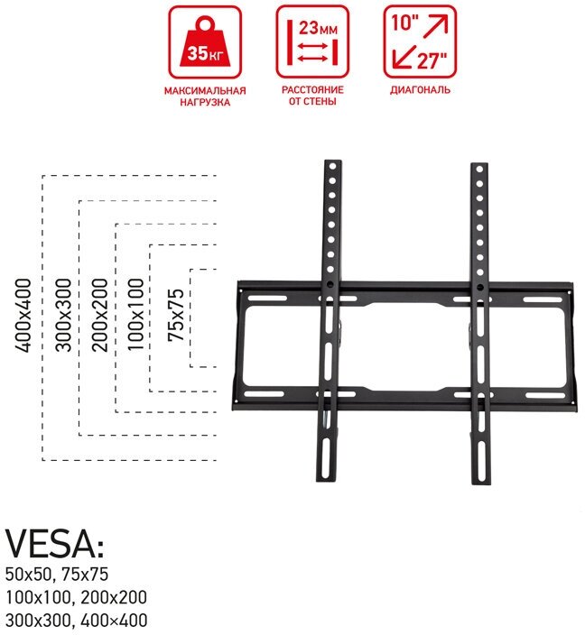 кронштейн для тв настенный фиксированный 32"-60", до 35кг, rexant 38-0331 - фото №10