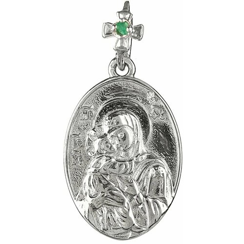 Иконка CORDE Серебряная подвеска Владимирская икона Божией Матери с натуральным изумрудом, серебро, 925 проба, родирование, изумруд, размер 1.7 см. и5 др мм икона 925 серебро