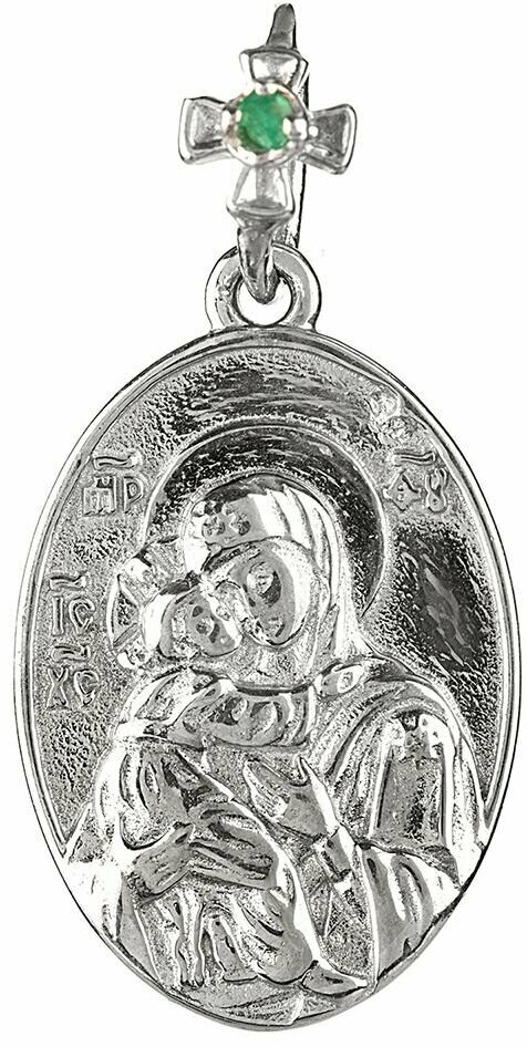 Иконка CORDE Серебряная подвеска Владимирская икона Божией Матери с натуральным изумрудом, серебро, 925 проба, родирование, изумруд