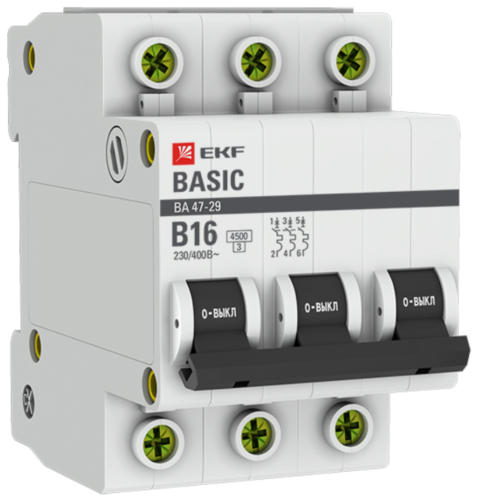 Автоматический выключатель 3P 16А (B) 4,5кА ВА 47-29, EKF Basic