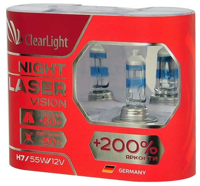 Лампа галогенная CLEARLIGHT NIGHT LASER VISION +200% 12V H7 55W 2 шт MLH7NLV200